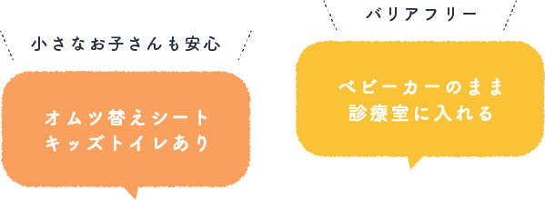 小さなお子さんも安心「オムツ替えシートキッズトイレあり」、バリアフリー「ベビーカーのまま診療室に入れる」